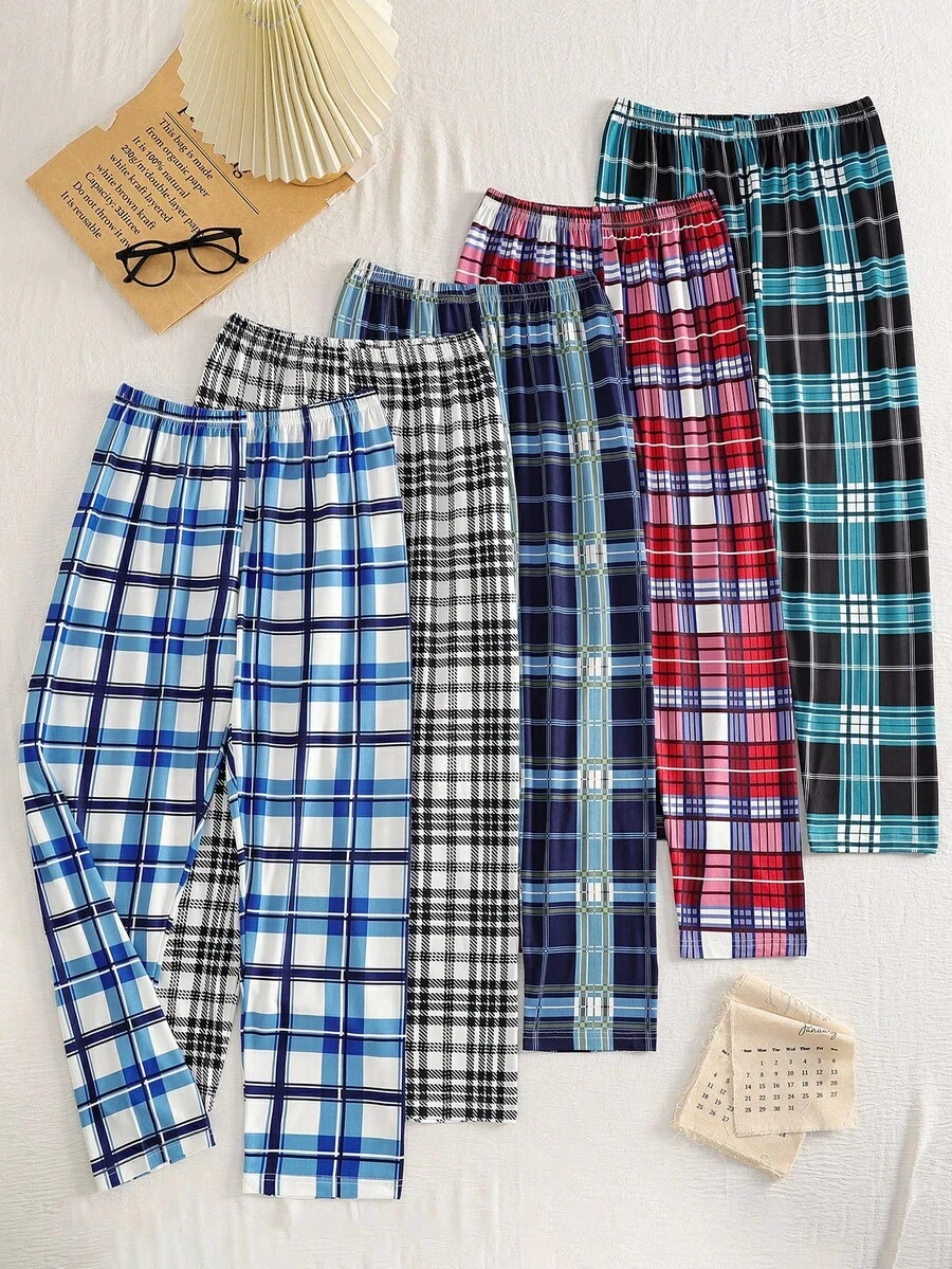 5pcs Boys Plaid Casual Pants, This Pants Combination Set Is Suitable For Tween Boysto Wear Casually At Home, And Can Also Be Worn As Indoor Leisure Wear. The Simple Design Style Makes It Easy To Match, Allowing Boys To Exude Fashion And Vitality At Home. Suitable For All Seasons, Stretchy And Breathable Knit Fabric, Machine Washable, Comfortable Fit, And Easy Care (5 Pieces Are Sold Separately) Plaid Pants Fall Winter - Multicolor - View 1