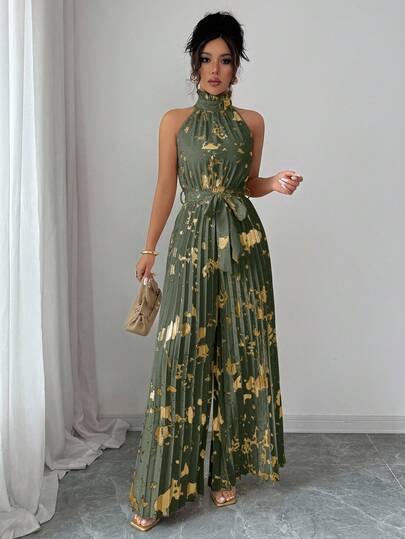 Elenzga Halloween Outfit Sleeveless Ruffle Collar Elegant Romantic Precision Women's Wide Leg Jumpsuit