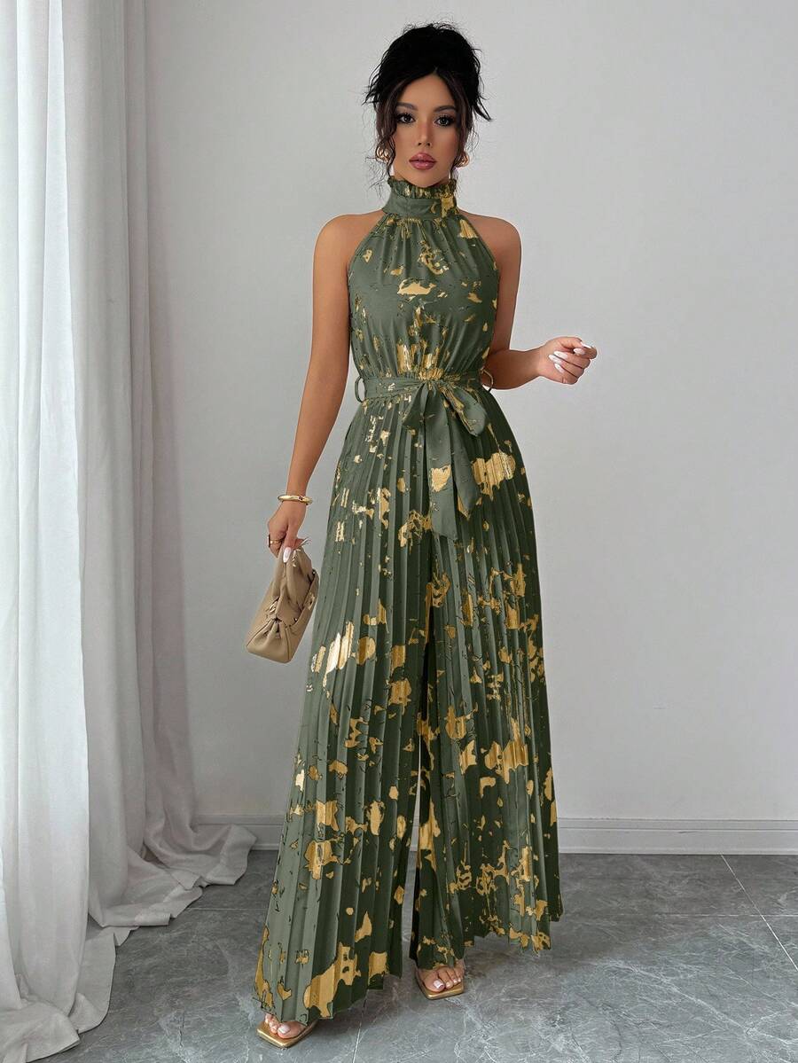 Elenzga Mono de pierna ancha elegante y romántico con cuello de volantes sin mangas para mujer, ideal para Halloween - Multicolor - Ver 1