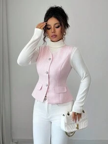 Elenzga Women's Autumn/Winter Waist Cinched Elegant Front Button Detailed Top - Pink - View 6