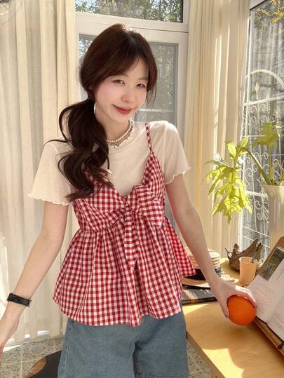 DAZY 2pcs Set Kemeja Wanita Motif Kotak-kotak Kasual dengan Tali Ruffle untuk Musim Gugur/Dingin, Atasan Lucu
