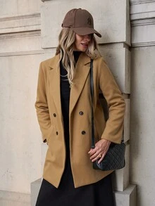 SHEIN Clasi 女士休闲百搭纯色双排扣大衣，秋冬 - 卡其色 - 查看 4