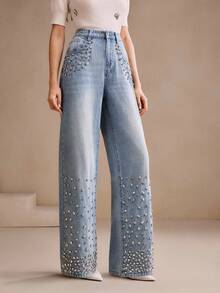 Anewsta 女式奢华水钻装饰蓝色牛仔裤 - 藍色 - 查看 4