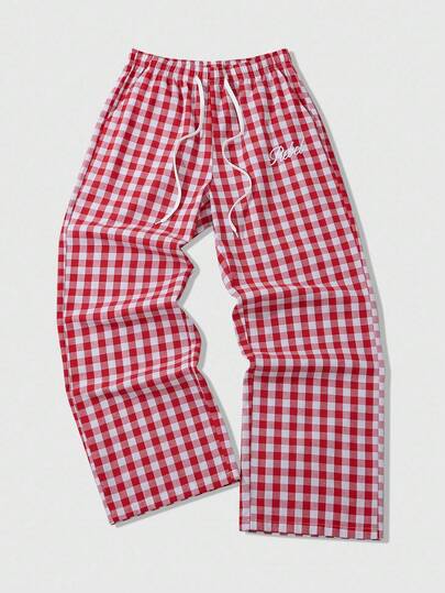 Prep Men's Casual Plaid Drawstring Waist Wide Leg Loose Pants, For Fall