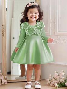 女宝宝浅绿色休闲可爱韩版时尚日常连衣裙，春秋 - 綠色 - 查看 3