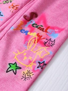 SHEIN Explorewe 2pcs/Set Tween GirlsSolid Bunny Pattern Top And Graffiti Print Pants Outfit - White - View 8