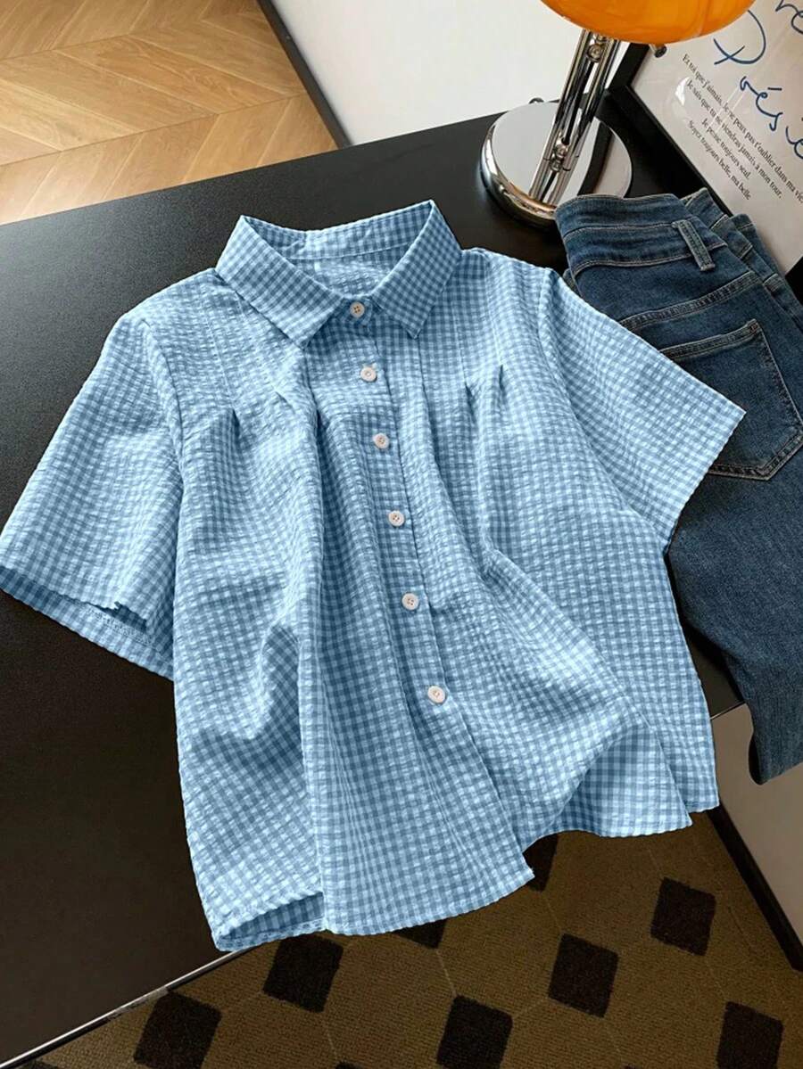 新款甜美翻领宽松时尚女式衬衫 - 藍色 - 查看 1