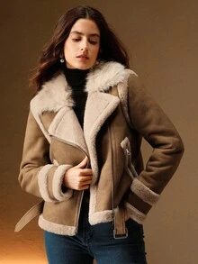 Anewsta Áo khoác ngắn tay dài cổ ve lật dành cho nữ, áo khoác đi xe máy thường ngày, mùa thu/đông - Màu Khaki - Xem 9