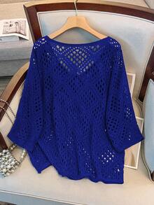 GlowEve CURVE Plus Size Women Hollow Out 3/4 Sleeve Knitted Sweater Winter Fall Autumn - Royal Blue - View 2