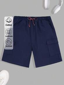 RueChic Men Cargo Pockets Special Drawstring Waist Regular Short - Navy Blue - View 1