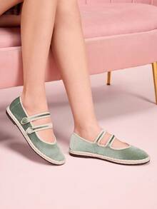 CUCCOO DOLLMOD Giày bệt Mary Jane nhung thanh lịch dành cho nữ có quai đôi song song, thoải mái và thời trang, màu xanh lá cây nhạt - Màu xanh nhạt - Xem 8