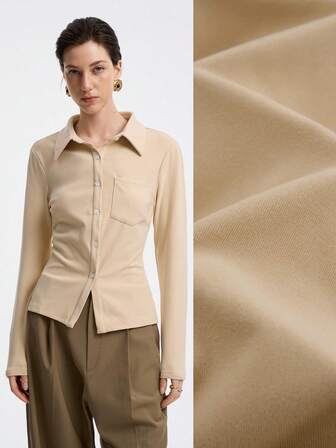 Aalyst Women's Elegant Fashion Commuter Casual Comfortable Charming Retro Minimalist High-End Long Sleeve Turndown Collar Open Front Solid Color T-Shirt, Autumn/Winter Fall Cloth For Women