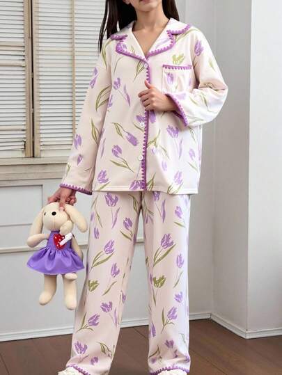 2 件套女童花卉印花领短袖上衣和长裤睡衣套装，可爱花朵图案长袖睡衣套装