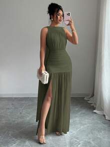 Vestido plisado con abertura y espalda descubierta de unicolor elegante para mujer, de verano - Verde militar - Ver 3
