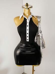 Mistrie Women Sexy Colorblock Sleeveless Bodysuit, Suitable For Summer - Black - View 5