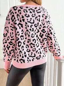 SHEIN Tall Tall Women Casual And Cute Pink Leopard Pattern Drop Shoulder Soft Touch Autumn Winter Sweater