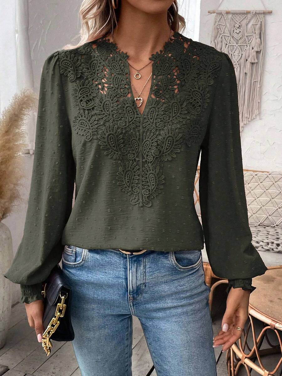 EMERY ROSE Women's Embroidered Collar Decor Lantern Sleeve Long Sleeve Elegant Formal Casual Blouse Fall Cloth For Women - Army Green - View 1