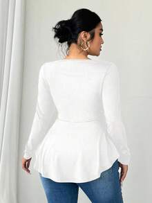 Elenzga 大码女式露肩长袖收腰A字T恤，白色休闲上衣 - 白色 - 查看 4