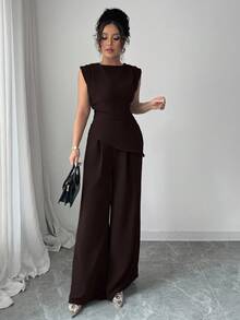 Rafferiza 2件套女士纯色纹理褶皱圆领无袖上衣 - 棕色 - 查看 7