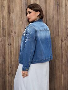 EMERY ROSE Plus Size Casual Vacation Washed Denim Jacket - Medium Wash - View 2