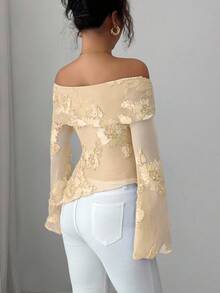 Elenzga Women's Fashionable & Elegant Off Shoulder Ruched Asymmetrical Hem Long Sleeve Floral Embroidered Mesh Blouse, Flattering Silhouette, Suitable For Dates, Spring/Summer - Apricot - View 2