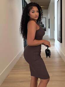 Alexandranx Solid Rib-Knit Bodycon Dress - Coffee Brown - View 3