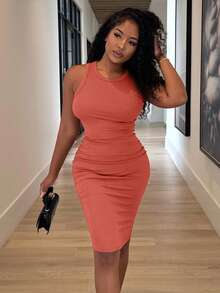 Alexandranx 女性時尚竖条纹纯色修身无袖连衣裙 - 紅木色 - 查看 4