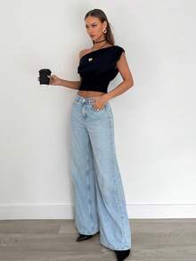 Siren Gaze Áo crop top lệch vai thanh lịch, giản dị dành cho nữ, thích hợp mặc mùa hè, mặc hàng ngày, đi chơi - Màu xanh hải quân - Xem 5