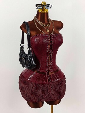 Amplova Y2K Amplova Chic Women Sleeveless Eyelet Strap Tight Sexy Snake Print Tube Top And Fur Stitching Snake Print Tight Hip-Wrapped Ultra-Short Mini Skirt Two-Piece Set Red Corset Top Lace Up Corset Top Burgundy Faux Fur Skirt Faux Leather Corset,Party Dresses For Women