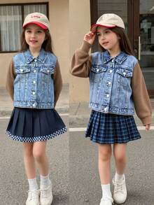 Young Girls Denim Jackets & Coats, Autumn/Winter New Thickened Denim Patchwork Knitted Sleeve Design + Casual Loose Fit Washed Denim Blue Jacket + Fashionable Street Style, Suitable For Spring, Autumn And Winter, Outdoor, Party, Holiday New Arrivals Fall - Medium Wash - View 7
