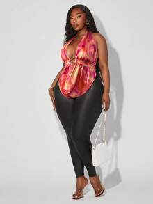 SHEIN SXY 大码女式春夏优雅性感日常基本款扎染垂坠领挂脖褶饰金属装饰上衣，适合日常穿着和西式穿着 - 彩色 - 查看 6