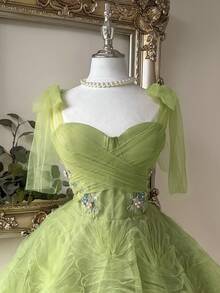 Lovelzi 优雅浅绿色网纱无肩带系带蝴蝶结刺绣贴花A字薄纱层叠毕业/生日/婚礼/正式派对礼服、舞会礼服、下午茶礼服、毕业典礼礼服、女士毕业礼服、返校礼服、情人节礼服 - 薄荷綠 - 查看 6