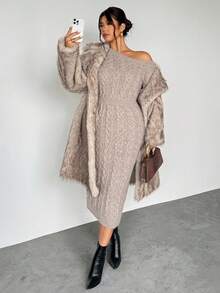 Firerie Große Größen Herbst/Winter Neue Mode Rundhals Sexy schräge Schulter Off-Shoulder Zopfstrick Pulloverkleid