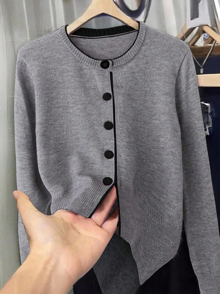 Franclia Women Blogger-Style Colorblock Loose Fit Crew Neck Sweater Jacket,Gray,Fall Winter,Casual,Office,Back-To-School Button Up Thin Cardigan European Cloth - Light Grey - View 1