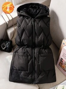 青少年女孩秋冬时尚中长款拉链连帽背心，配有大口袋和收腰设计，适合休闲、通勤、上学穿着 - 黑色 - 查看 3