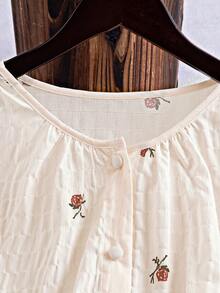 SHEIN LUNE 大码女式复古亚麻休闲通勤购物度假四季圆领长袖纹理印花衬衫 - 杏色 - 查看 1