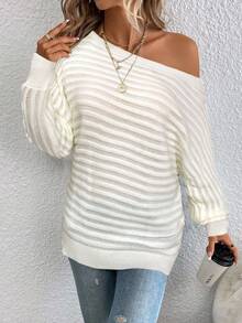 SHEIN LUNE Áo len dài tay lệch vai tối giản thường ngày cỡ lớn dành cho nữ, mùa thu/đông - trắng - Xem 6