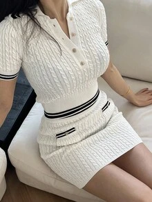 DAZY 秋季两件套麻花针织毛衣和迷你裙套装 - 米色 - 查看 8