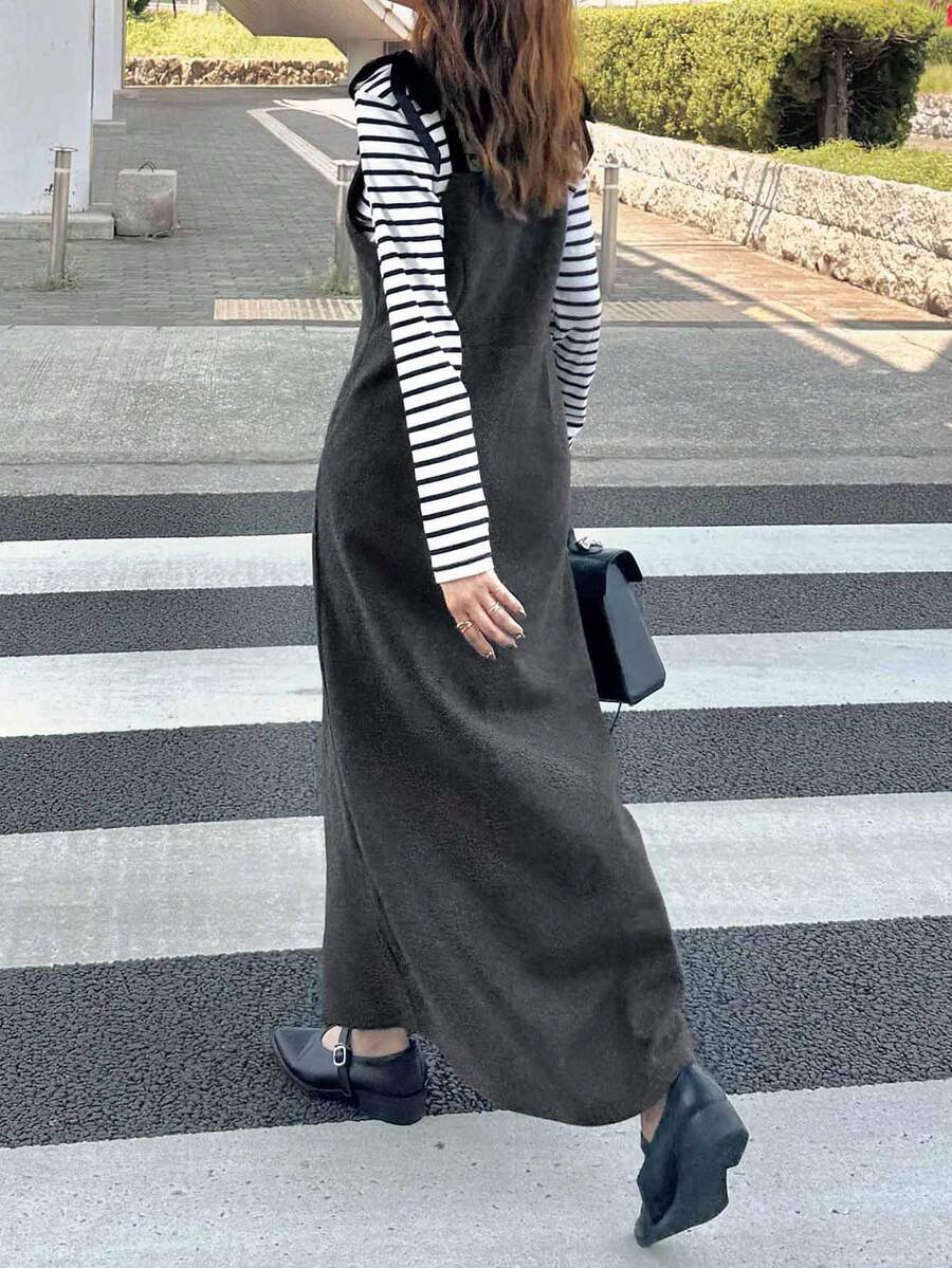 FRIFUL 女士拼接天鹅绒蝴蝶结吊带直筒长款连衣裙 - 灰色 - 查看 1