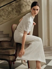 Anewsta Bộ trang phục thanh lịch dành cho nữ, thích hợp cho Halloween, tiệc Giáng sinh, đám cưới, dạ tiệc - Bao gồm áo tay ngắn đính tua rua đính sequin trắng và đá giả kim cương kết hợp với chân váy dài đến giữa bằng vải tuýt - trắng - Xem 5