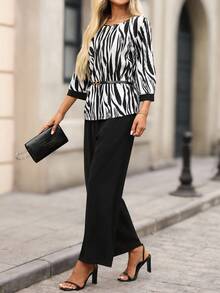 EMERY ROSE Conjunto casual de 2 piezas de camisa de cuello redondo de manga 3/4 y pantalones con estampado de cebra para mujer, ropa de otoño para mujer, conjunto elegante con estampado animal, conjunto chic de mujer, conjunto de 2 piezas para mujer en otoño - Negro - Ver 5