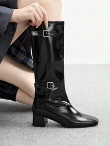 CUCCOO BIZCHIC Women's Pointed Toe Buckle Design Mid-Calf Fashion High Heel Boots - Black - View 4