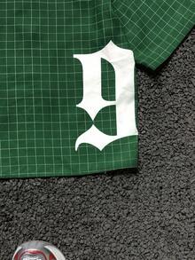 AXEPEAK 男士宽松英文字母和格子印花短袖绿色梭织衬衫，校园，街头风格 - 綠色 - 查看 5