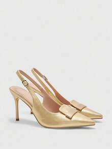 CUCCOO BIZCHIC 女士户外尖头细高跟鞋棕色 PU 皮革时尚简约舒适日常及派对搭扣带高跟鞋 - 金色 - 查看 2