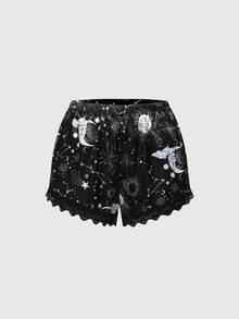 ROMWE Goth Women's Gothic Sun, Moon & Star Print Satin Camisole & Shorts Lace Trim Pajama Set