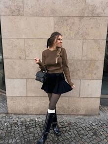 Pariaura 女士休闲V领蝴蝶结长袖毛衣，秋季 - 棕色 - 查看 4