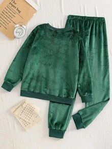 2pcs/Set Boys Plush Green Casual Loose Soft Long Sleeve Top And Pants Pajama Set Gamer Boys Jogger Sets Fall Winter - Green - View 2