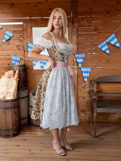 Sweetina Robe de style Oktoberfest pour femmes en automne avec nœud décoratif, épaules dénudées, dentelle vintage et laçage, patchwork mode, robe Dirndl, robe allemande