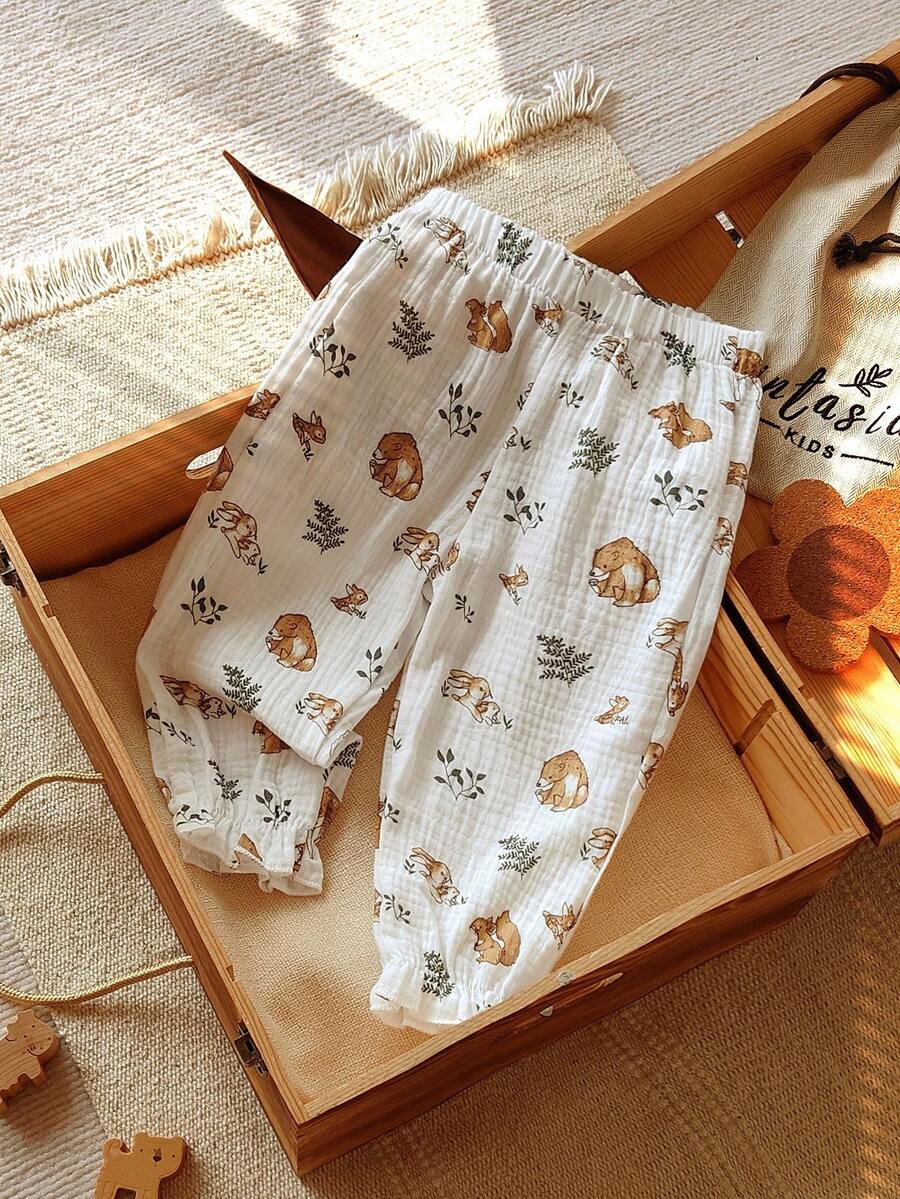 Vintaside Kids 女婴柔软棉麻混纺裤子，带有可爱的兔子和动物图案，适合春秋冬季的时尚百搭下装 - 彩色 - 查看 1