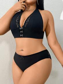 SHEIN 2 piezas Conjunto de lencería con cierre delantero de encaje para tallas grandes